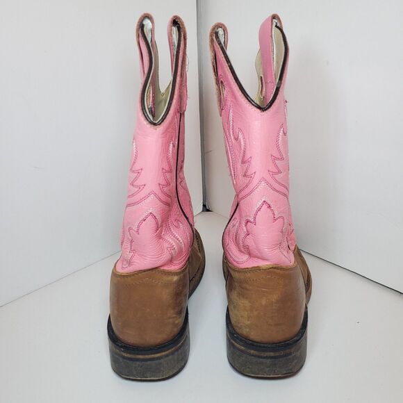 OLD WEST Brown Pink Leather Square Toe Cowboy Boots Youth Girls Size 1D EUC - Picture 6 of 7